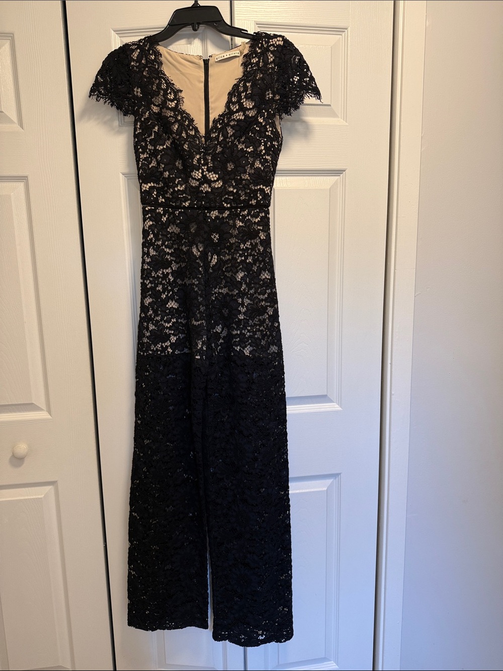alice + olivia Miriam  Black Lace Jumpsuit with Nude Shell EUC